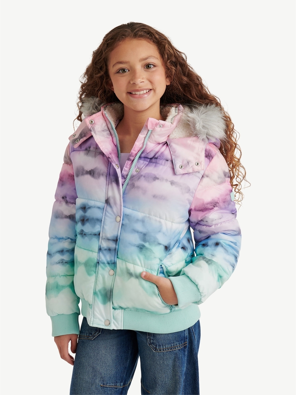 JUSTICE-Girls' Pastel Tie-Dye Puffer Jacket with Faux Fur Hood